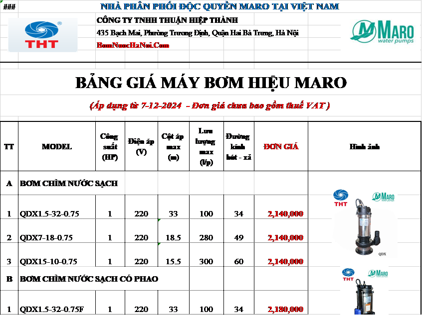 BẢNG GIÁ MÁY BƠM CHÌM 1 NGỰA 1HP 1 PHA 220V MARO GIÁ RẺ