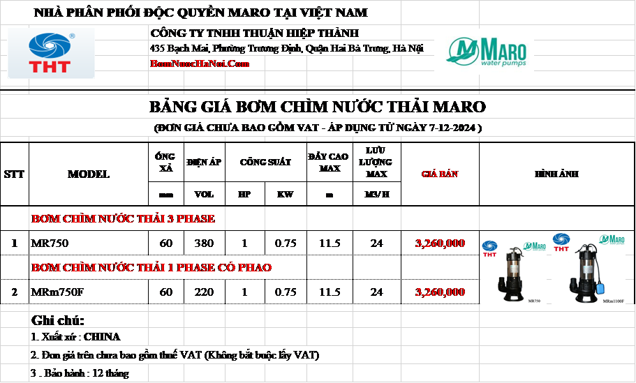 BẢNG GIÁ MÁY BƠM CHÌM 1 NGỰA 1HP 1 PHA 220V MARO GIÁ RẺ