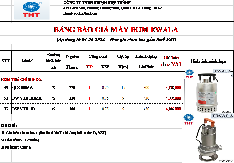 BẢNG GIÁ MÁY BƠM CHÌM 1 NGỰA 1HP 1 PHA 220V EWALA GIÁ RẺ