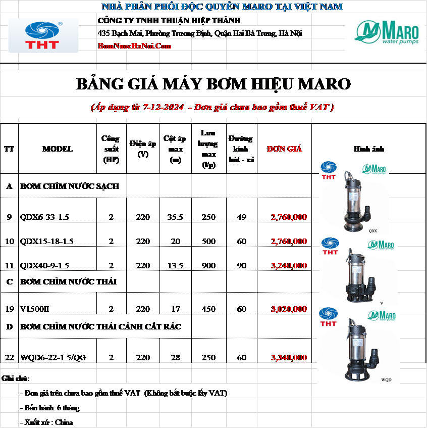 BẢNG GIÁ MÁY BƠM CHÌM 2HP - 1.5KW MARO GIÁ RẺ