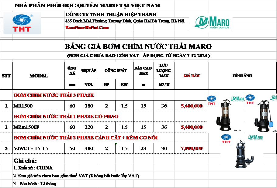 BẢNG GIÁ MÁY BƠM CHÌM 2HP - 1.5KW MARO GIÁ RẺ