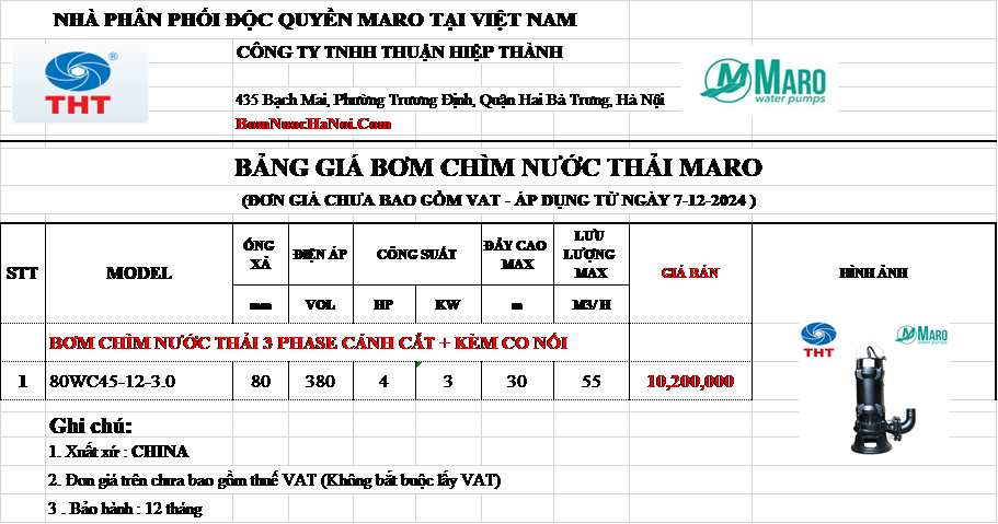 BẢNG GIÁ BƠM CHÌM NƯỚC THẢI 4HP 4 NGỰA - 3KW MARO GIÁ RẺ