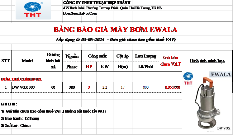 BẢNG GIÁ MÁY BƠM CHÌM 3HP - 2.2KW 3 NGỰA EWALA GIÁ RẺ